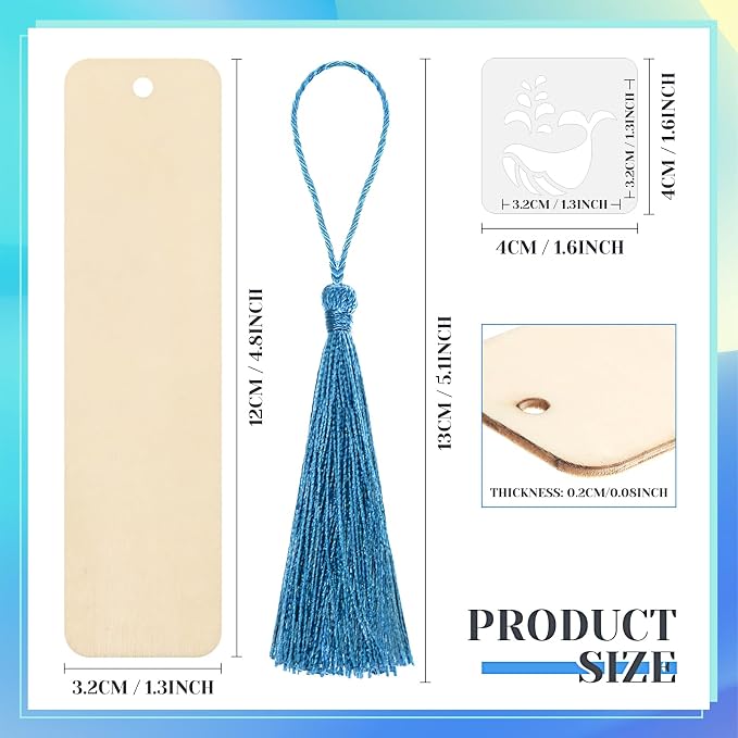 TaoBary 92 Pcs Wood Bookmark Making Kit Includes 36 Unfinished Blank Bookmarks 36 Tassels 20 Templates Craft for DIY Crafts, Painting, Valentine's Day, Mother's Day Gifts (Ocean, 4.8 x 1.3 Inch)
