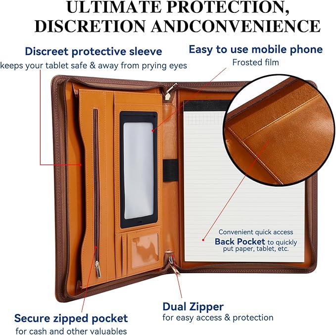 Pro PU Leather Padfolio - 10.1" Business Portfolio Organizer with Tablet & Phone Pocket, Zippered Document Holder, Card Slots & Writing Pad | Executive Gift for Professionals (Orange)