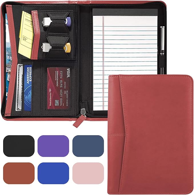Small Portfolio Organizer, A5 Zippered Business Portfolio, Junior Padfolio Folder Binder for Men Women,5 x 8 Writing Pad Included, Red