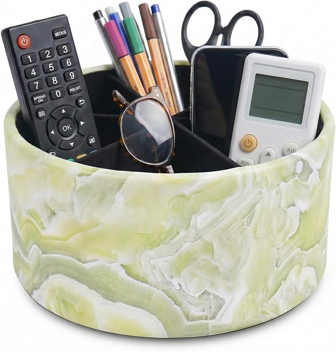Remote Control Holder, 360°Spinning PU Leather Desk TV Remote Caddy,Desk Storage Box Room Accessories for Controller, Media,Mail,Calculator, Mobile Phone,Pencil(1-Big Marble Jade)