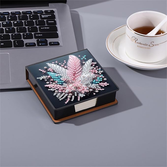 Feather Diamonds Painting Kit Note Box,Memo Paper Storage Box Diamond Art,Sticky Note Holder Diamond Art,Diamond Painting Memo Pad For Office Desk. (Feather)