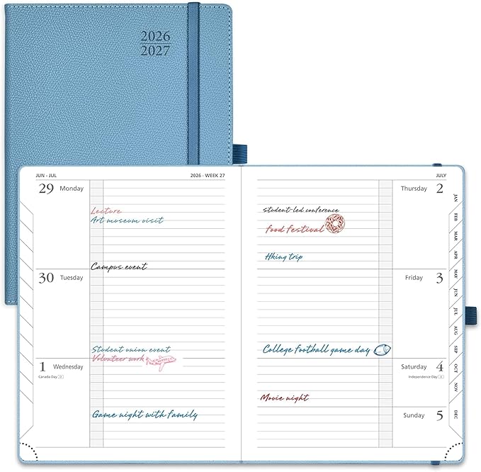 POPRUN Planner 2026-2027 (Medium 6.75"x 8.75"), Horizontal Weekly Notebook Jul.2026 - Jun.2027, Academic Appointment Book with Monthly Tabs, Leather Hardcover, 100 GSM - Aquamarine