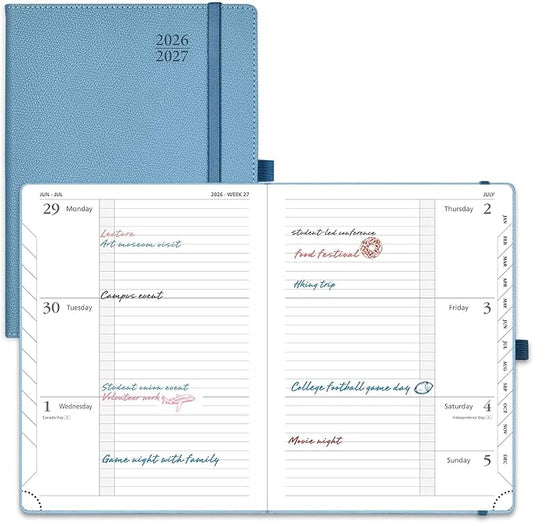POPRUN Planner 2026-2027 (Medium 6.75"x 8.75"), Horizontal Weekly Notebook Jul.2026 - Jun.2027, Academic Appointment Book with Monthly Tabs, Leather Hardcover, 100 GSM - Aquamarine
