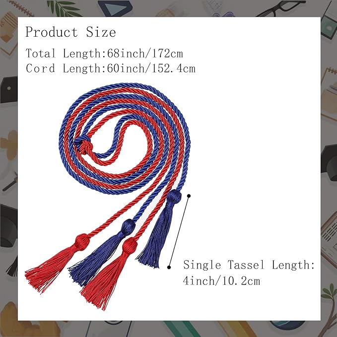 Graduation Double Honor Cords with Tassels Braided Academic Ropes for High School College Ceremony 68 Inch (Royal Blue+Red)