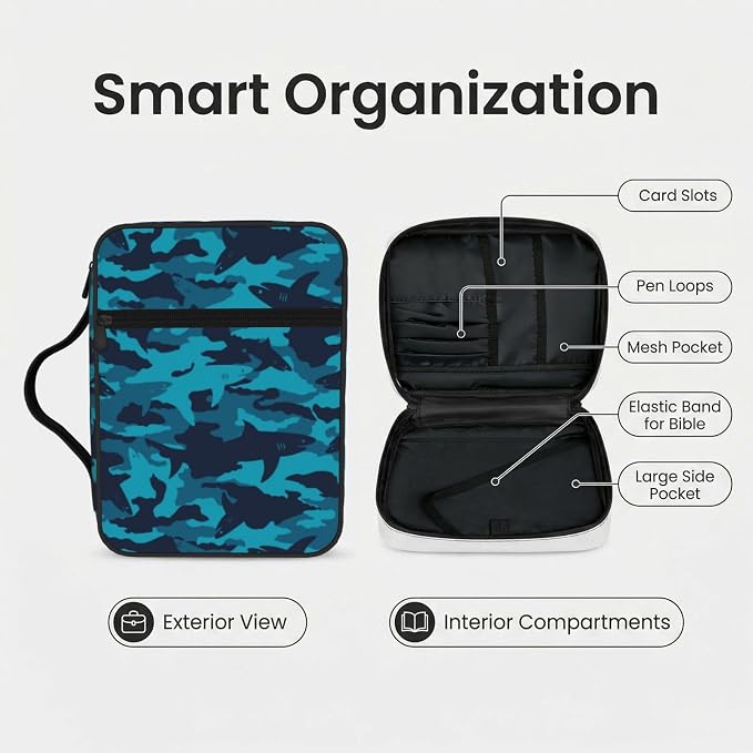 Camo Shark Blue Black Bible Cover Case Carrying Book Protector Case Bible Study Supplies Accessories Holder Case Christian Gift for Women Men