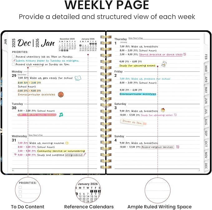 2026 Planner, Monthly and Weekly Calendar Planner for Women, Jan 2026 - Dec 2026, Hardcover Pretty 2026 Agenda Planner Book with Tabs, Spiral Bound, Perfect for School Office Home Supplies, 6.3" x 8.5" - Peony Bloom