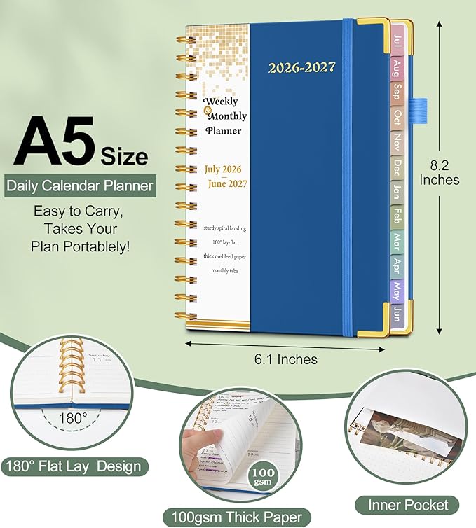 A5 Academic Planner 2026-2027, Weekly and Monthly Planner from July 2026 - June 2027, Hardcover Leather Agenda Book with Tabs, Spiral Daily Calendar Planners for College School Home Teacher Student, Night Sky Blue