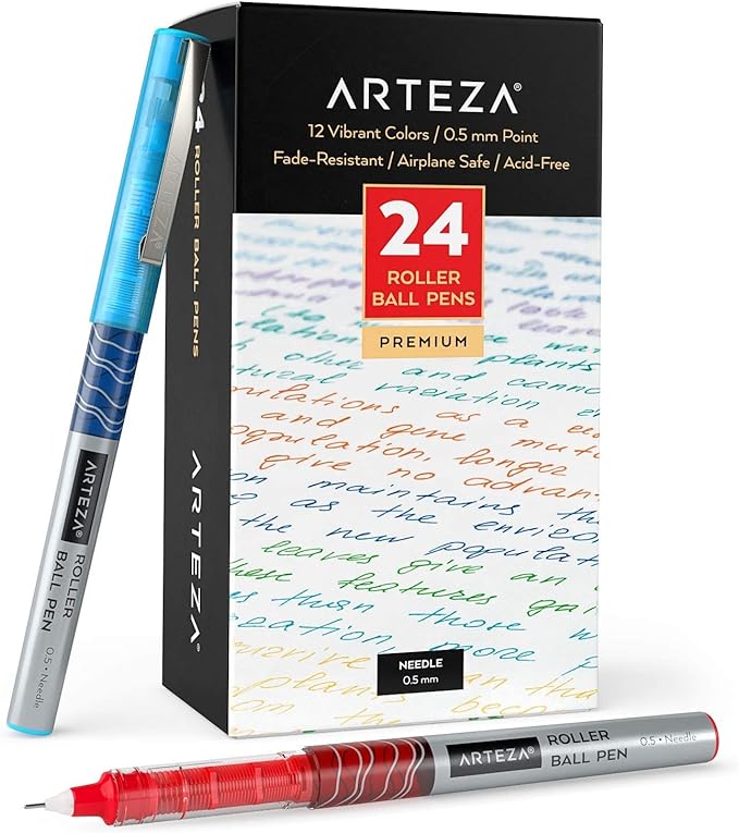 ARTEZA Rollerball Pens Fine Point, 24 Colored Pens Set, 0.5 mm Extra Fine Needle Tip, Liquid Ink Writing Pens for Journaling, Note Taking, Drawing, Color Coding