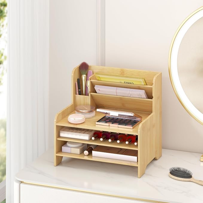 Bamboo Desk Organizer Mail Holder Countertop Letter Tray File Organizer for Desk Letter Sorter Paper File Storage for School Home Office Supplies