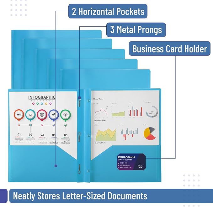 Mr. Pen- Plastic Folders with Pockets and Prongs, 5 Pack, Blue, Pocket Folders, Folders with Prongs, File Folders with Fasteners, 2 Pocket Folder, Folder with Pockets