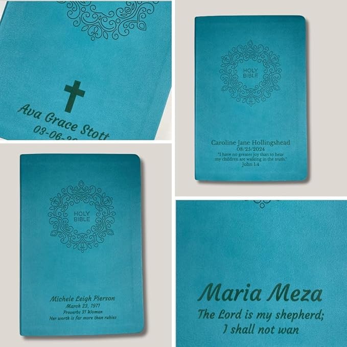 Personalized Custom NKJV Thinline Large Print Holy Bible with Name Includes Up To 3 Rows Of Text with Red-Highlighted Verses, Custom Gift for Christian & Religious Celebrations | Blue