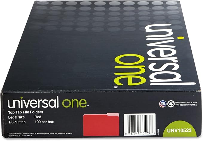 UNIVERSAL OFFICE PRODUCTS, Colored File Folders, 1/3 Cut One-Ply Top Tab, Legal, Red, 100/Box