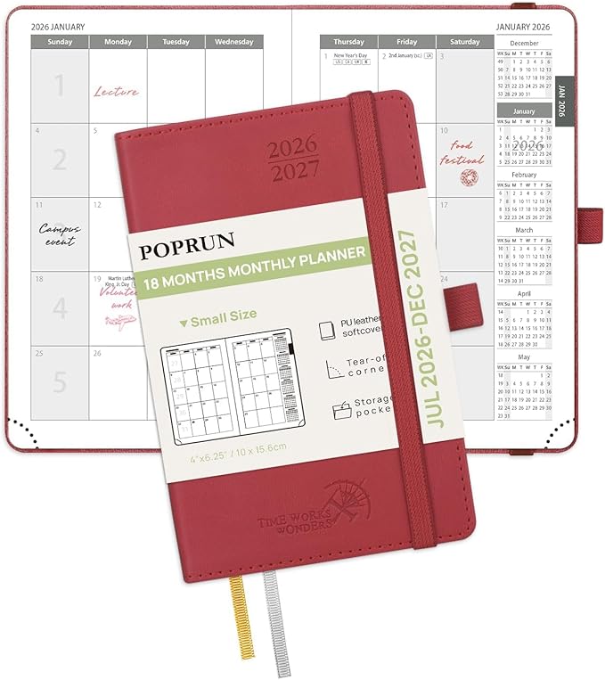 POPRUN Pocket Monthly Planner 2026-2027 (Pocket- 4''x 6.25''Soft Leather Cover) - 18 Month Calendar Book for Purse (Jul.2026-Dec.2027), 100 GSM Thick Paper - Burgundy