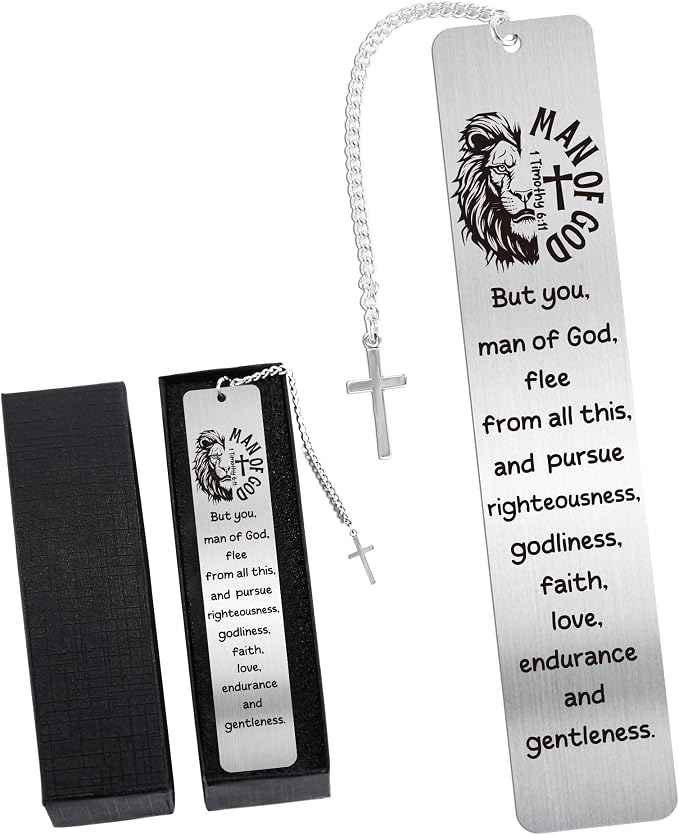 Lion Christian Bookmark Gifts for Men: Scripture Metal Book Mark with Cross Pendant, Bible Study Accessories for Men, Religious Graduation Gifts for Him with Box, School Office Church Supplies