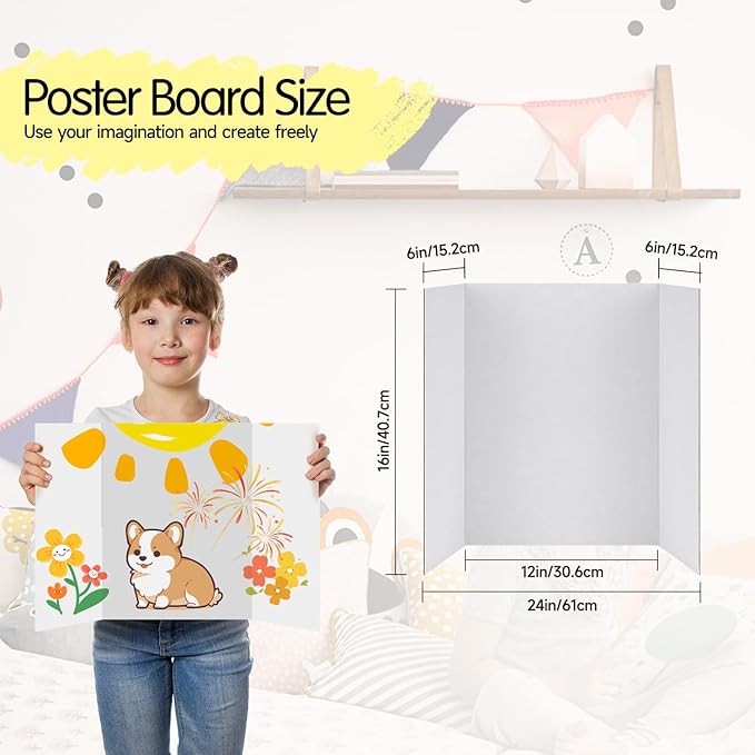 EARTHSON 3 Pack Trifold Presentation Board, 24" x 16" Portable Poster Board, White Corrugated Display Board for School, Business Projects, Event Displays, Science Fairs