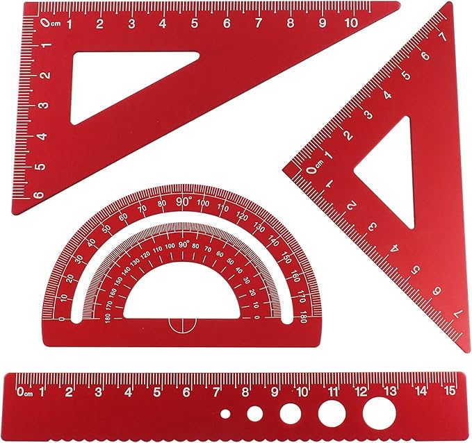4 Pcs Triangular Ruler Set, Aluminum Alloy Geometry Tools, Metal Drafting Ruler for Students, Draftsmen, Engineers, School Office Supplies with Protractor & Metric Scales (Red)