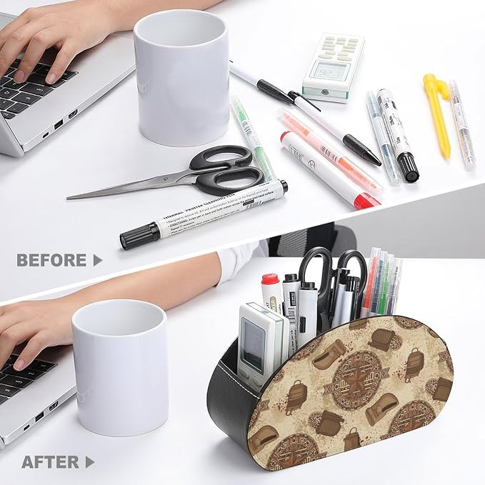 TV Remote Holder with 5 Compartments, PU Leather Desktop Organizer for Bedside Table, Office, and Living Room, Western Texas Star