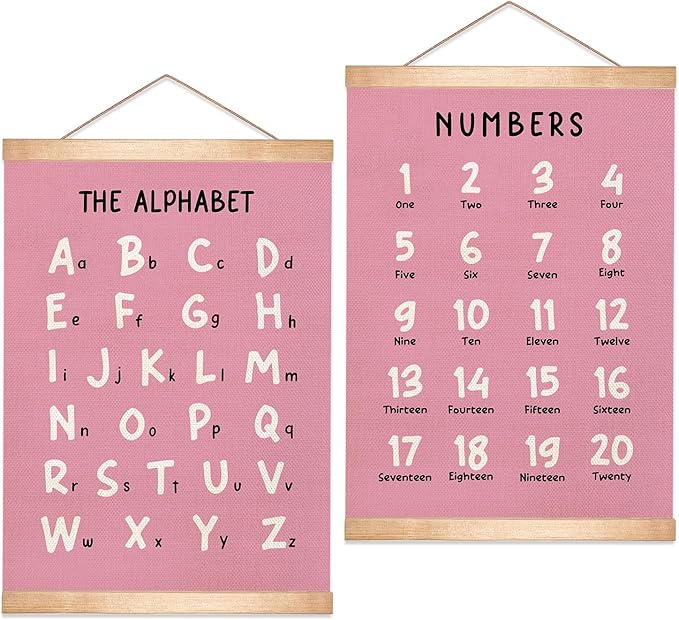 Alphabet and Numbers Educational Chart Set of 2 for Classroom Decor,Colorful Educational Poster for Toddlers 1-3,Toddler Learning Poster for Ages 3-5 for Nursery Playroom,Classroom Must Haves 14x18.5Inch(Pink)