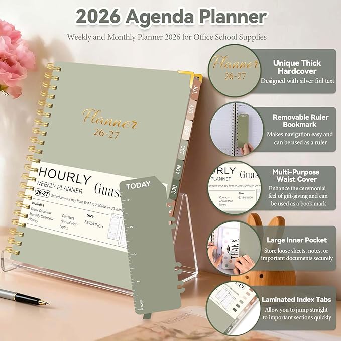 2026-2027 Academic Planner, Weekly & Monthly Appointment Book from Jul. 2026 - Jun. 2027, Work & Life Daily Hourly Planner with Time Slots,A5 Agenda Organizer for School Office,Pastel Green,8.4"x 6.1"