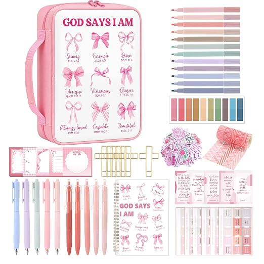 Capoda Bible Cover Case for Women, Bible Tote Bibles Study Supplies with Notebook Highlighters Ballpoint Pen Sticky Notes Scripture Card for Mother's Day Christian Gifts Women Mom Girls(God,Pink)