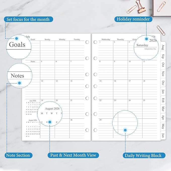 2026-2027 Monthly Planner Refill, A5 Medium Size Planner Inserts for 7 Ring, 5.5" x 8.5", Jul. 2026 - Dec. 2027, 18 Monthly Calendars with Laminated Tabs, 7-Hole Punched