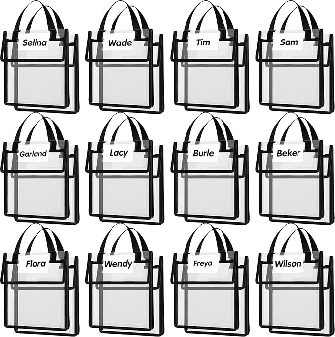 Teling 24 Pack Thick Clear Book Pouches with Blank Name Tags and Handles Book Baggies Bags Bins Organizer for School Classroom Library Pockets Students (10 x 12 Inch,Black)