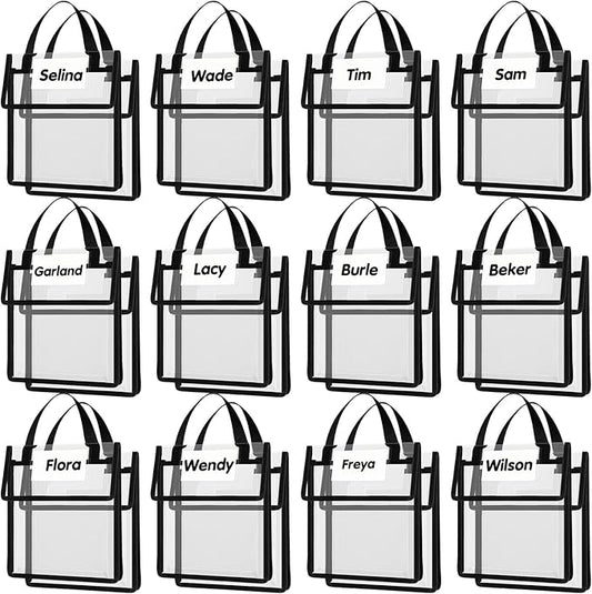 Teling 36 Pack 10 x 12 Inch Clear Book Pouches with Handles and Name Tags, Heavy Duty Reusable Library Book Bags for Classroom, Students Kids and Teacher Supplies (Black)