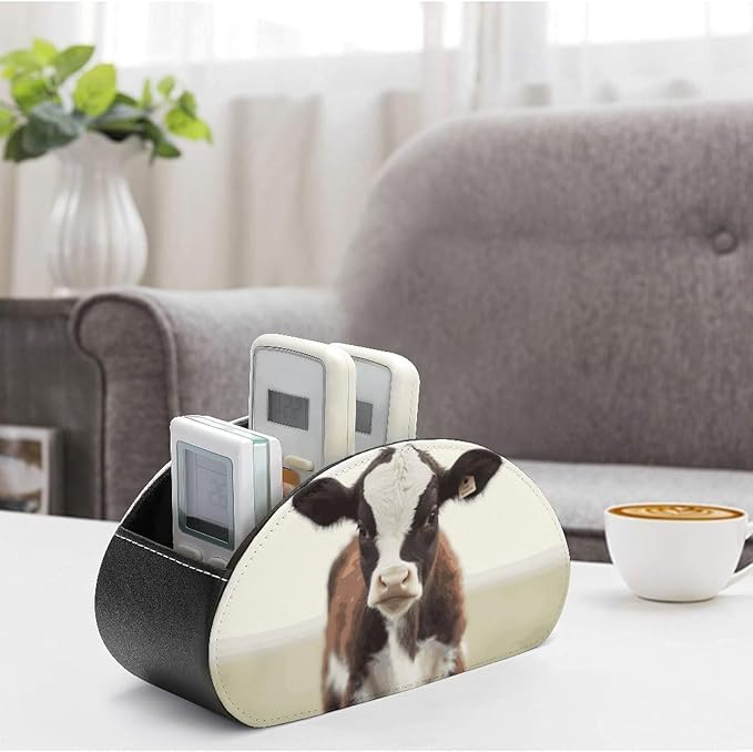 Baby Cow Remote Control Holder with 5 Compartments - PU Leather TV Remote Holder Remote Caddy Desktop Organizer Makeup Brush Holder, Remote Storage Box for Home Office