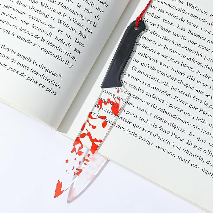 1pc Horror Novelty Bookmark - Creepy Tool Shapes with Blood Stain Design, Gothic Book Accessories for Halloween Gifts, Macabre Metal Page Holders with Red Tassels (1pc Dagger)