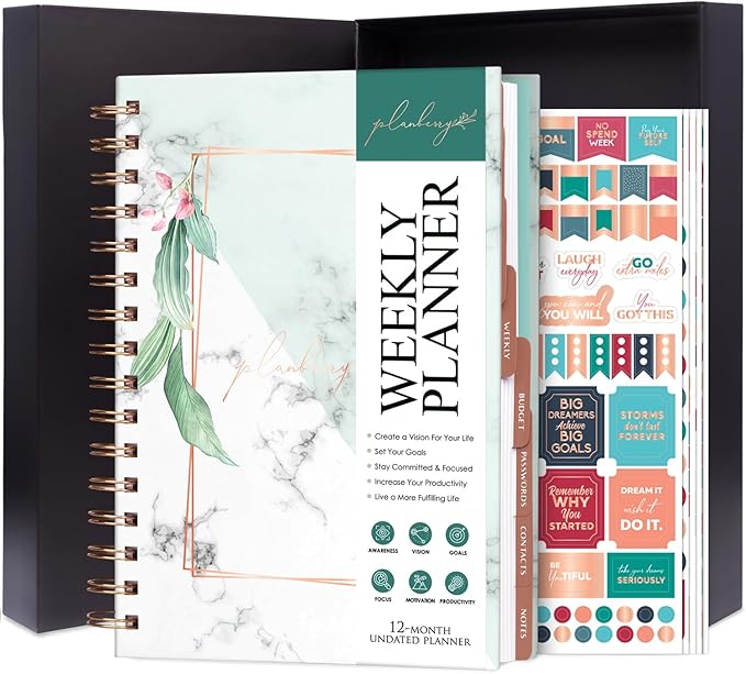 PLANBERRY Weekly Planner Premium – Undated Life Organizer & Budget Planner – Time Management, Goal Setting, To-Do List, Work-Life Balance & Habit Tracker – 6.9″ x 8.5″ (Natural Green)