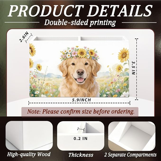 Golden Retriever Dog Floral Pen Pencil Holder for Desk, Golden Retriever Gifts for Women, Dog Mom Lover Gifts Pencil Holders Wooden Box Organizer for Home Office Bedroom Desk Tabletop