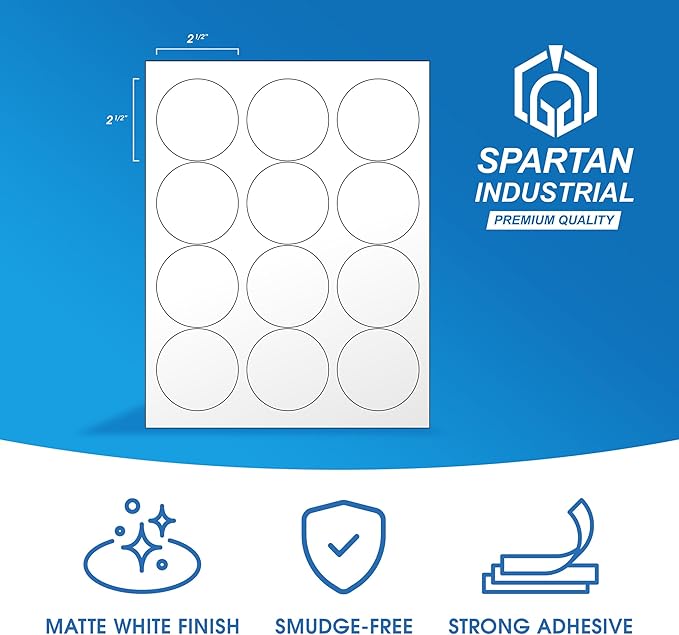 2.5" Printable Round Labels for Laser and Inkjet Printers - 360 Blank Labels, 30 Sheets for Business Logos, Thank You Stickers, Price Tags, QR Codes - Spartan Industrial Template C005