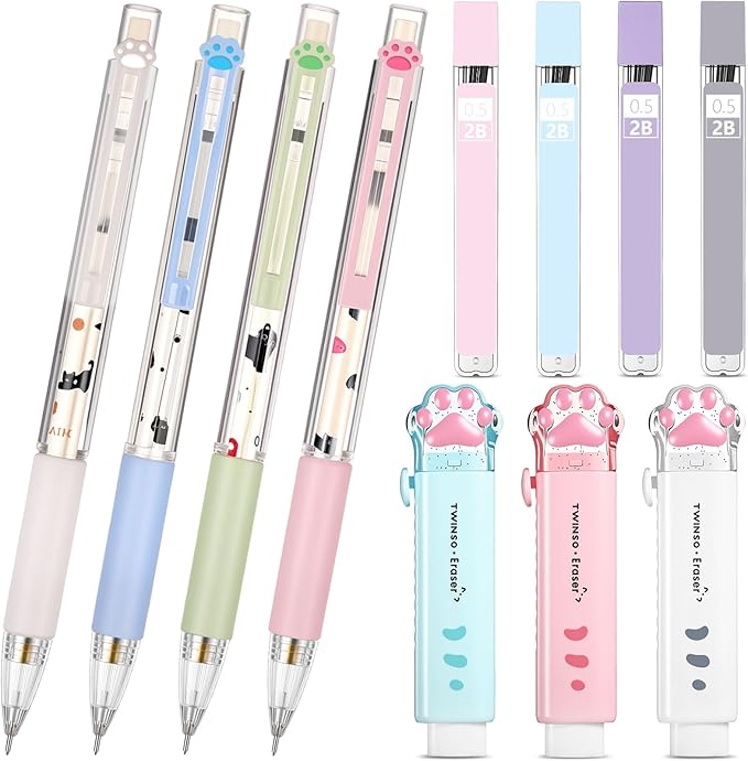 11 Pcs Black Cat Mechanical Pencil Set, 4 Mechanical Pencils 0.5mm, with 4 2B Lead Refills and 3/5 Erasers Christmas Stocking Stuffers for Women Cats Lovers Gifts (Cat)
