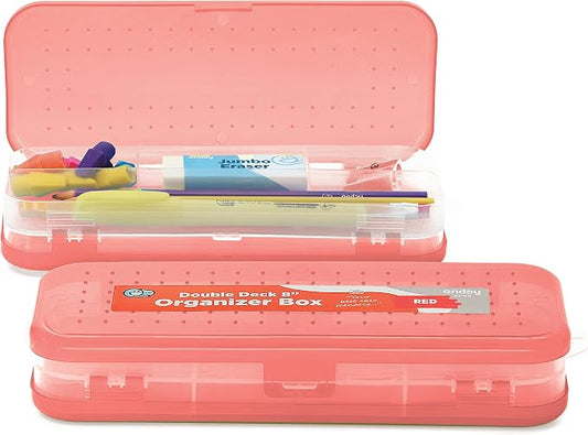 Enday Pencil Box Red, Plastic Double Deck Pencil Case with 7 Compartments, Box Organizer with Snap Closure for Home and Office
