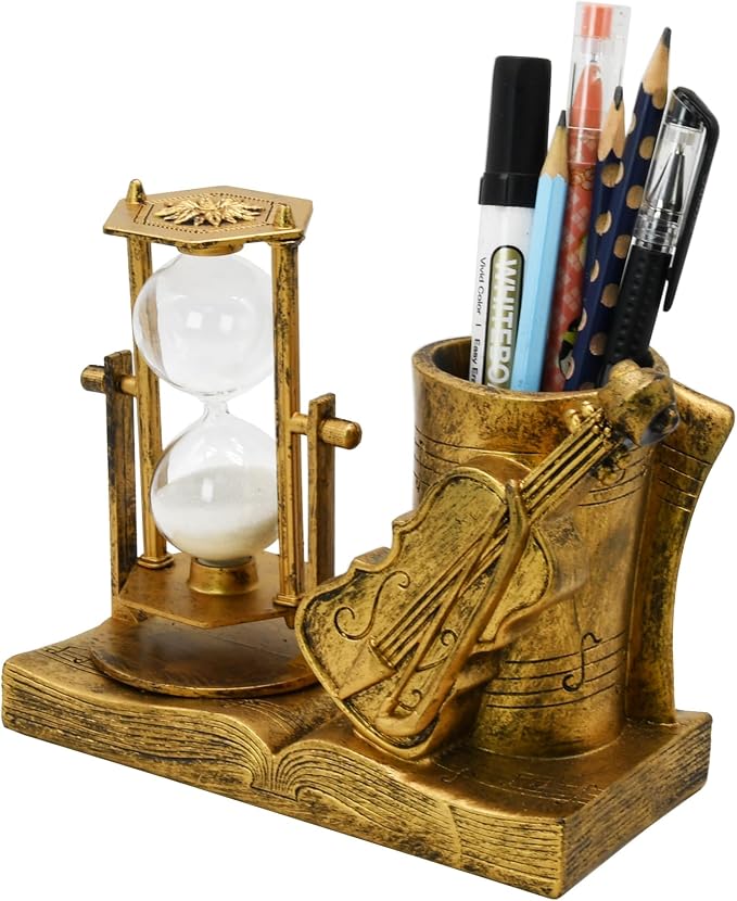 Violin-Themed Pencil Holder with Hourglass, Resin Desktop Organizer for Office & Study, Pen Holder with Sand Timer, Classic Music Addition Scissors Storage, Artistic Gift for Violin Lovers