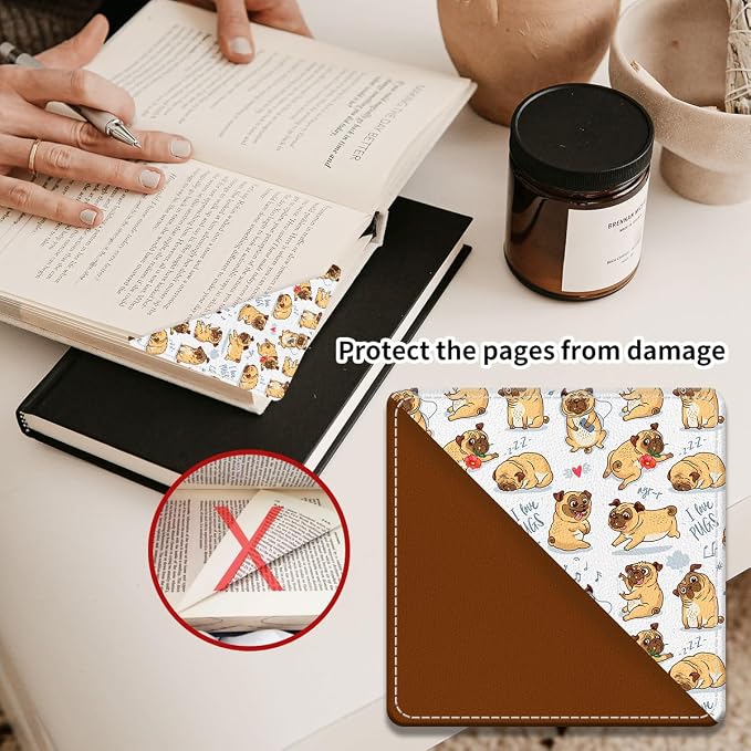 Cute Leather Bookmarks, Fun Triangle Making Corner Bookmark, Book Accessories for Reading Book Lovers, Unbreakable Page Markers for Women Men Funny Pug Dogs