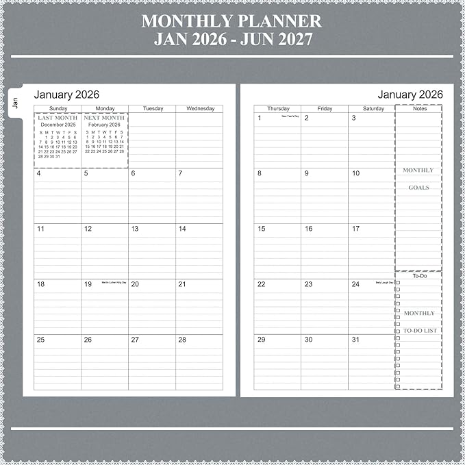 Tiankool Planner 2026-2027 - Jan 2026-Jun 2027 Weekly Monthly Planner with 18 Monthly Tabs, Elastic Closure, Inner Pocket, Round Corner,5.8" x 8.25"- Grey