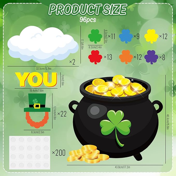 AnyDesign St. Patrick' s Day Classroom Door Decoration Bulletin Board Set Shamrock Clover Gold Coin Pot Paper Cutouts for Irish School Classroom Chalkboard Wall Door Welcome Decor