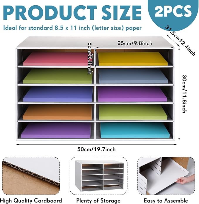 Fuutreo 2 Pcs Construction Paper Storage, Classroom Mailboxe, Back to School Literature Sorter, Sturdy Cardboard Paper Organizer for Teacher, Student, Office, 29.5" x 14.2" x 12.4"(10 Slots,White)