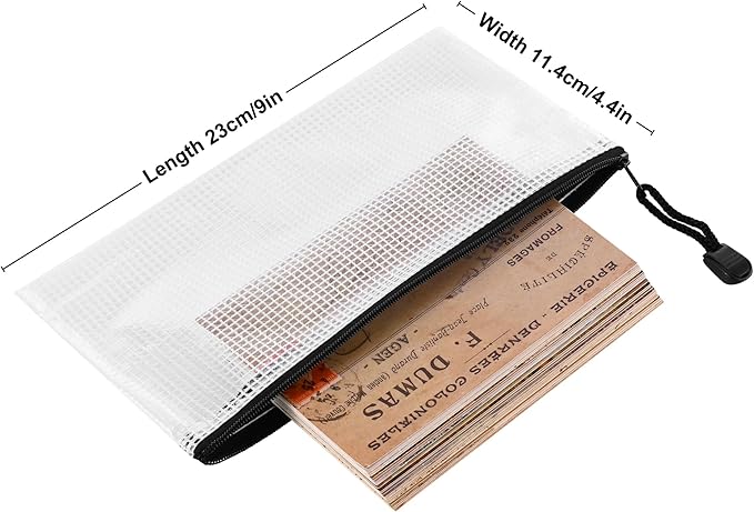12 Pieces Clear Plastic Mesh Zip Pouch - Document Holder, Pencil Case, Waterproof Storage for Office Supplies, Bills, and Files.Black Zipper.