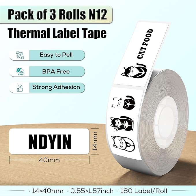 Labels N12 Label Maker Tape, Label Printer Paper, 14x40mm (0.55"x1.57"), Black on White Sticker Thermal Paper Self-Adhesive, Compatible with N12 Label Printer, 180 Labels/Roll, 3-Roll
