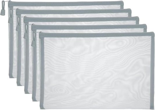 PATIKIL A4 Mesh Zipper Pouch Bags, 5 PCS Mesh Bags with Zipper Plastic Storage Pocket for Organizing File Beads Office Home Supplies, 34x24cm, Gray