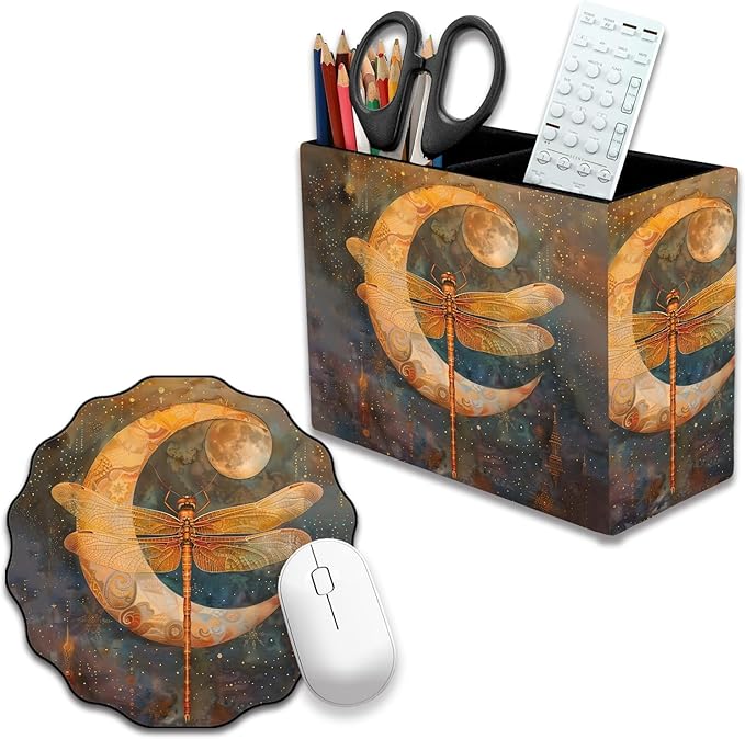 Pen Holder and Anti-Slip Mouse Pad Combination, Makeup Brush Storage Box, Tableware Storage Box, Suitable for Office and Home - Vintage Dragonfly
