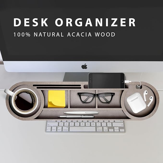 Boxwood Craft Desktop Organiser, Multi-Compartment Office and Home Desk Organiser, Suitable for Home, Workplace, Cubicle and School Supplies Storage - Wooden Pencil Holder Tray