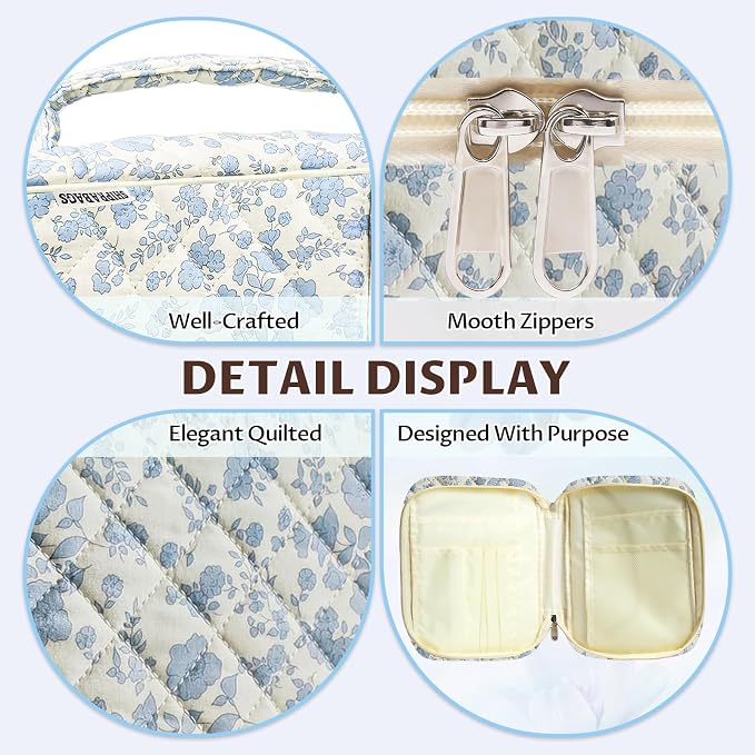 Quilted Bible Cover Case for Women with Bible Study Supplies Journaling Kit Floral Bible Bag Carrying Case with Pastel Highlighters Tabs, Women Christmas Christian Gifts (Blue Floral, L)