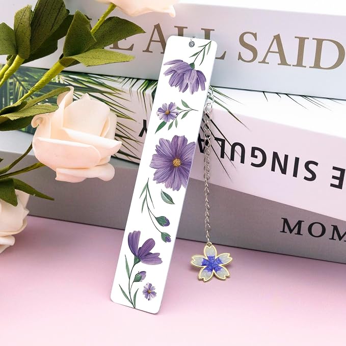 Cute Bookmarks Flower Bookmark Metal Bookmarks Floral Book Marks for Reading Women Kids Book Markers for Women Reading Accessories Purple Bookmark for Book Lovers