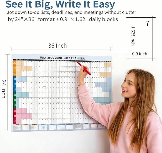 24x36 Inch Academic Wall Calendar 2026-2027 - Folded Large Yearly Wall Planner July-june, Boho12-Month Paper Calendar with Large Blocks for School, Office, Teachers & Home