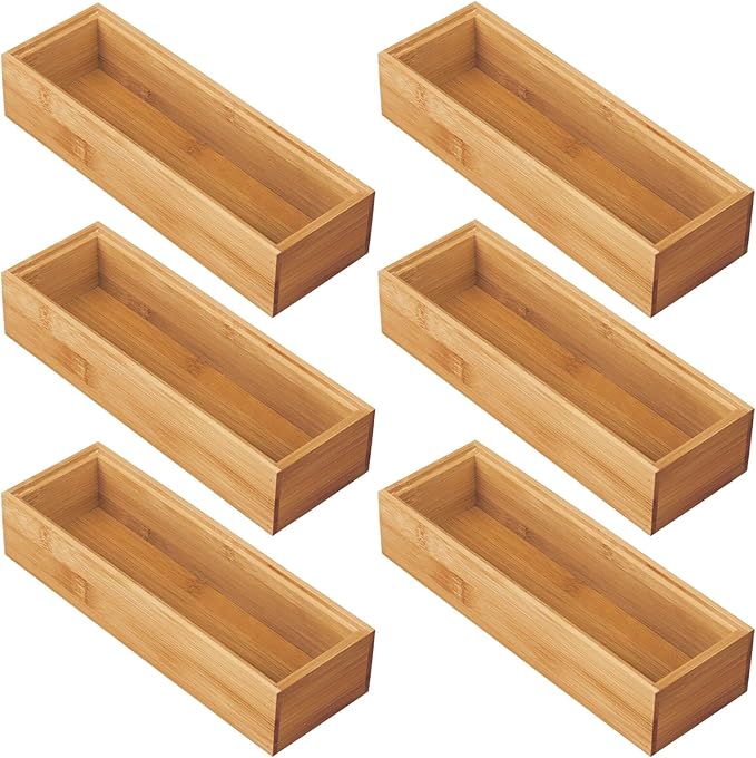 mDesign Wooden Bamboo Office Drawer Organizer Box Tray, Stackable Storage for Drawers, Cabinets, Shelves, Cubby, or Desktop, Hold Pens, Pencils, Supplies, Echo Collection, 6 Pack, Natural Wood Finish