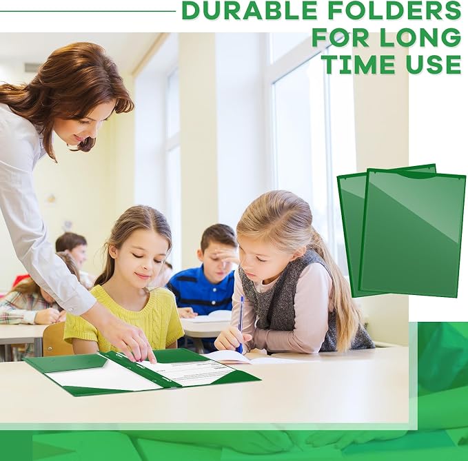 Henoyso 18 Pcs Plastic Folder with Clear Front Pocket and 3 Prong Plastic Folders with Card Slot Pocket Folders with Prongs for School Office (Dark Green)