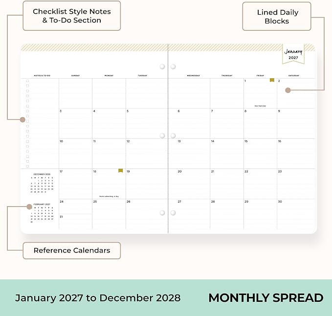 Blue Sky Day Designer 24 Month 2027 Monthly Planner Calendar, January 2027 - December 2028, 8.5" x 11", Flexible Cover, Stapled Binding, Swiss Dot Black